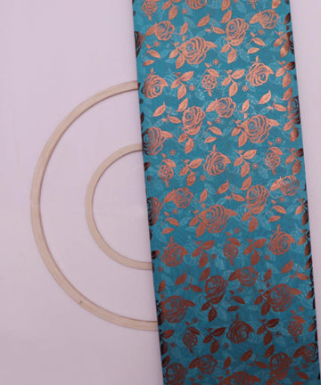 teal blue and copper floral foil print modal chanderi fabric b124 5699